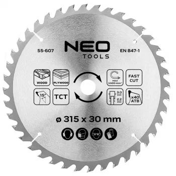 NEO TOOLS 315 mm TCT ketassaeleht, 40 hammast, 30 mm ava, puidu lõikamine