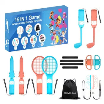HURTEL Family Accessories Pack 15 in 1 Nintendo Switch 2 konsoolile - oranž ja sinine komplekt