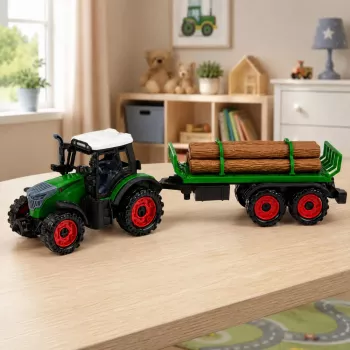 LEAN TOYS Põllumajanduslik talutraktor koos palgihaagisega, hõõrdajamiga, heinapall, 35 cm