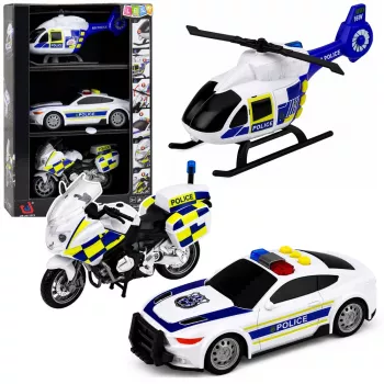 LEAN TOYS Politseikomplekt helikopter, mootorratas, politseiauto helide ja tuledega 1:32