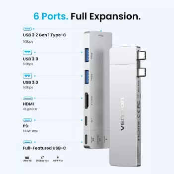 VENTION 6-in-2 Thunderbolt 5 dokkimisjaam 8K@240Hz 80Gbps 140W PD DisplayPort 2.1 USB-C