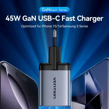 VENTION GaN 90W Dual USB-C seinapistik (45W+45W) - must