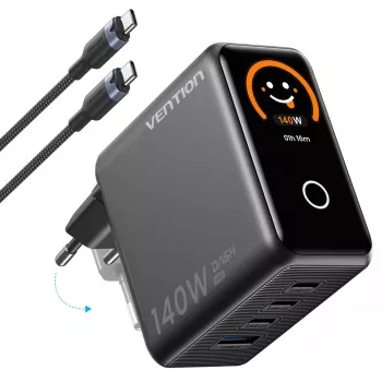 Vention 140W GaN laadija 1x USB-A, 3x USB-C ja USB-C-USB-C kaabliga 1m