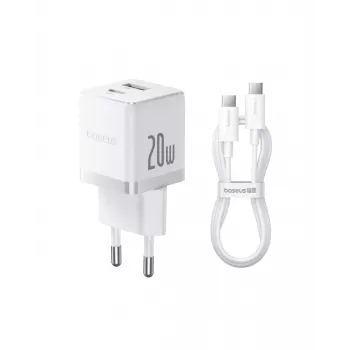 Baseus Palm 20W seinalaadija, 1x USB-A + 1x USB-C, QC3.0/PD3.0, koos 1 m USB-C kaabliga, valge (P10111608213-01)