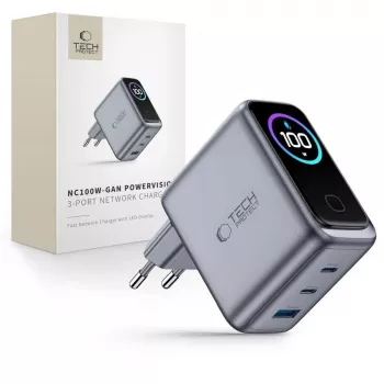 TECH-PROTECT PowerVision NC100W GaN 100W 3-pordiline USB-C PD & USB-A QC3.0 seinalaadija - tumehall