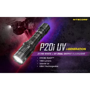 Nitecore NT-P20I-UV taktikaline taskulamp UV-valgusega, 1800 luumenit, USB-C laetav, IP68, must