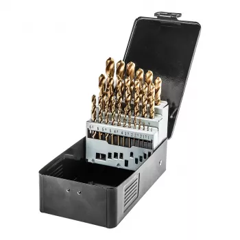 NEO TOOLS 25-osaline HSS-TiN keerdpuurikomplekt metallile, 1,0–13,0 mm, DIN 338, 135° tsentreeriva otsaga, metallkarp