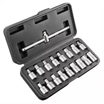 NEO TOOLS õli äravoolu mutrivõtmete komplekt 3/8 tolli ajamiga, 18-osaline, kroomvanadium, ruut-/kuuskant-/Torx-/spline-pistikud, puhutud vormiga kohver