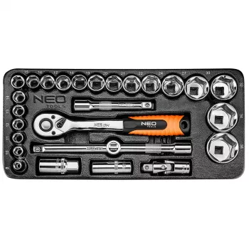 NEO TOOLS 84-238 1/2 tolli pesavõtmete komplekt, 27-osaline, pöördkäepideme, pikenduste, universaalliigendi, libiseva T-käepideme ja kastiga | CrV teras | 10-32 mm