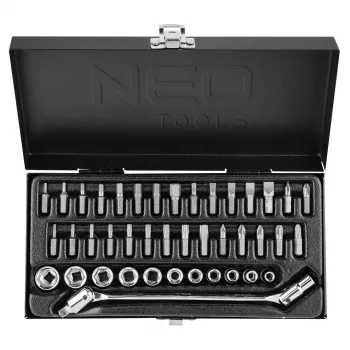 NEO TOOLS 1/4-tolline pesavõtmete komplekt, 41-osaline, kroomvanaaditeras, 72-hambaline põrkmehhanism, meetermõõdustik 4-14 mm, koos otsikute ja tarvikutega