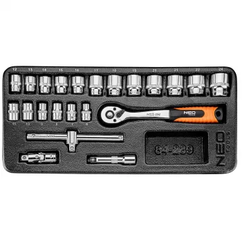 NEO TOOLS 3/8 inch 22-osaline pesavõtme komplekt EVA alusega, kroomvanaadteras, 6-22 mm, 72-hambaline kiirvabastusega pöördkang, pikendused, universaalliigend, süüteküünla pesad