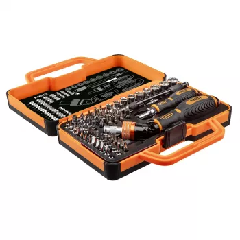 NEO TOOLS 69-osaline kruvikeeraja otsikute komplekt pöördkäepidemega, S2 terasest otsikud, 1/4 inch kuuskant, Phillips, Pozi, pilu, Torx, kuuskant, ruut, mutrivõti, Tri-Wing, Torq-Set, magnetiline hoidik, hoiukarp