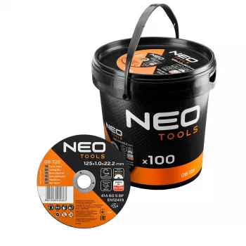 NEO TOOLS Metallist lõikekettad 41A 60 S BF - 125x1.0x22.23 mm TERAS/ROOSTEVABA TERAS, 100 tükki ämbris
