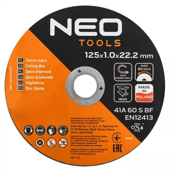 NEO TOOLS Metallist lõikekettad 41A 60 S BF - 125x1.0x22.23 mm TERAS/ROOSTEVABA TERAS, 100 tükki ämbris