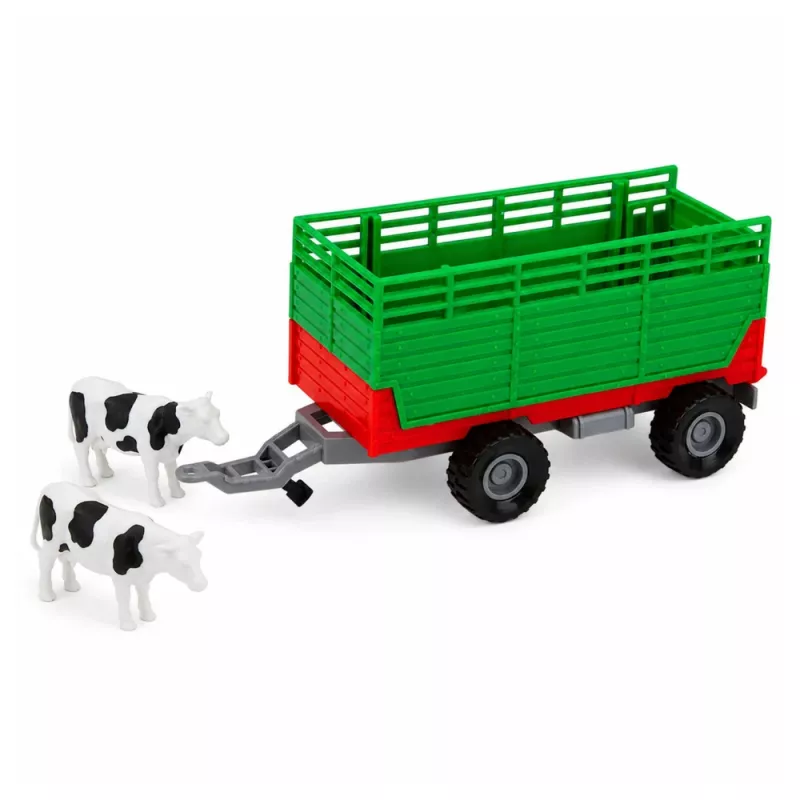 LEAN TOYS Traktor haagisega loomade transportimiseks lehma kujudega, tulede ja helidega, 4 tk