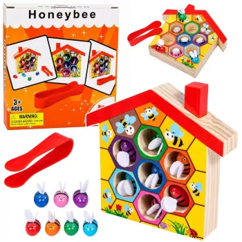 LEAN TOYS Puidust mesitaru osavusmäng pintsettide ja 6 mesilasega - Hariv motoorsete oskuste mäng vanusele 3+