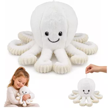 LEAN TOYS Plüššist kaheksajalg pehme mänguasi elastsete kombitsatega, valge, 30 cm