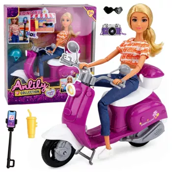 LEAN TOYS Anlily Reisiv Nukk Tõukerattaga, Prillide, Telefonihoidiku ja Aksessuaaridega