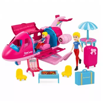 LEAN TOYS Kokkupandav lennuk nukkude reisisetiga, tarvikud, roosa, 9 tk