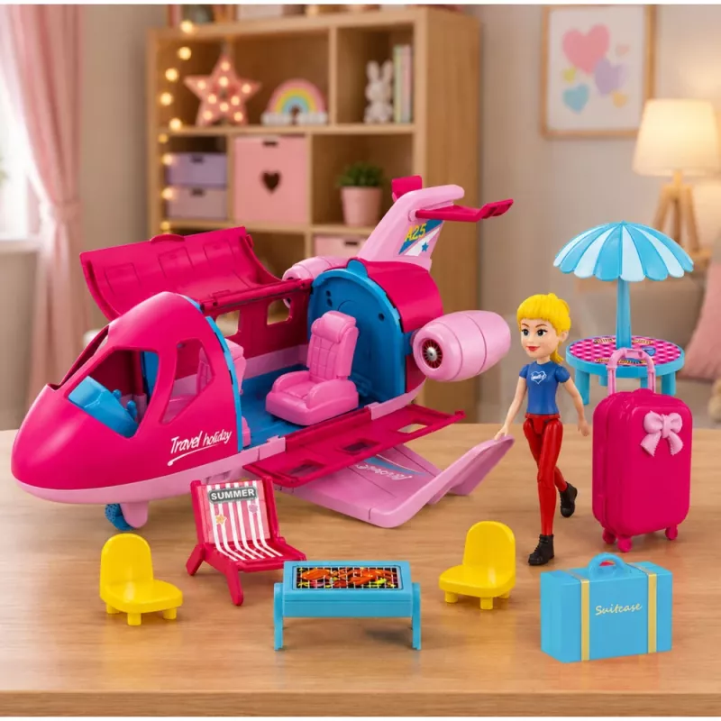 LEAN TOYS Kokkupandav lennuk nukkude reisisetiga, tarvikud, roosa, 9 tk
