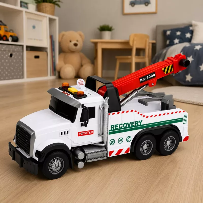LEAN TOYS Ehitusveok reguleeritava kraanaga, tulede ja helidega, valge 1:14