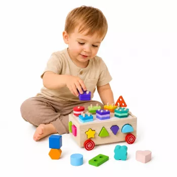 LEAN TOYS Puidust Montessori õppesorteerija ratastel kujundite ja numbritega