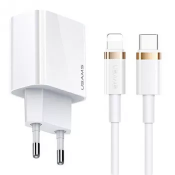 USAMS T34 20W USB-C PD seinapistiklaadija koos U63 USB-C–Lightning kaabli komplektiga – valge