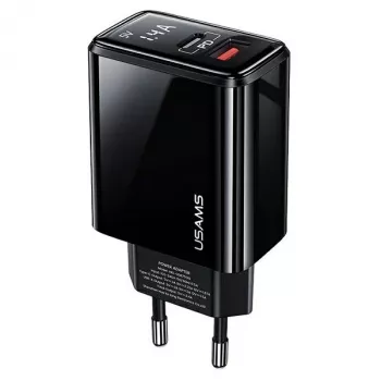 USAMS 20W kahe pordiga USB-C PD3.0 + USB-A QC3.0 seinalaadija (EU pistik, must)