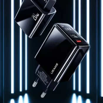 USAMS 20W kahe pordiga USB-C PD3.0 + USB-A QC3.0 seinalaadija (EU pistik, must)