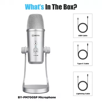 BOYA BY-PM700SP Multi-Pattern USB kondensaatormikrofon koos kõrvaklappide kuulamise ja integreeritud statiiviga