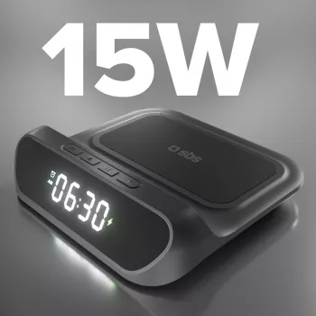 SBS TEWIRCLOCK Traadita laadimisega äratuskell Qi 10W kiirlaadimise, LED-ekraani ja USB-C sisendiga, must