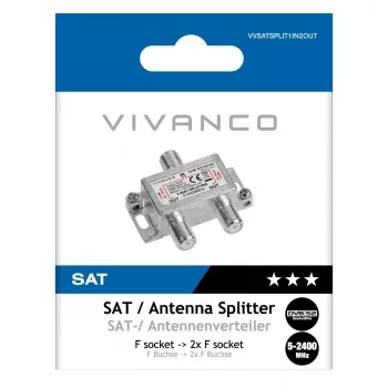 Vivanco VVSATSPLIT1IN2OUT satelliidi jaotur 1 sisend 2 väljundit 5-2400 MHz F-pistikuga