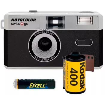 Swiss+Go Novocolor 35 mm analoogkaamera komplekt koos välguga, ümbris, rihm ja Kodaki film (SWI401608)