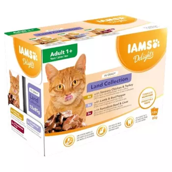 EUKANUBA IAMS DELIGHTS Land Collection kastmega märg kassitoit, 12 x 85g kotid, täiskasvanud, kana, lambaliha ja kalkun