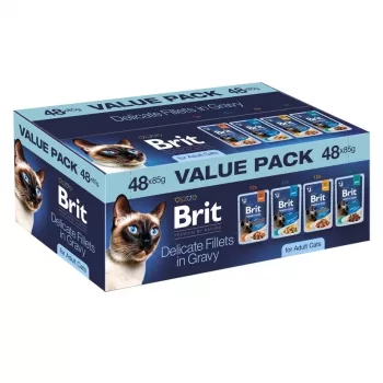 Brit Delicate Fillets kastmes täiskasvanud kassidele - 48x85g multipakk (kana, veis, kalkun, lõhe)