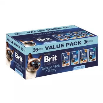 Brit Delicate Fillets kastmes täiskasvanud kassidele - erinevad lihad ja kalad, 36 x 85 g kotid