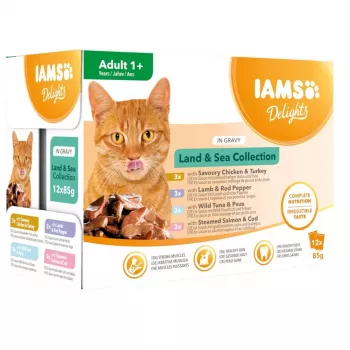 EUKANUBA IAMS DELIGHTS Land & Sea Collection kastmega märg kassitoit – 12x85g kotid (lõhe ja tursk, kana ja kalkun, lambaliha ja punane pipar)
