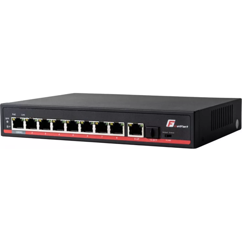 GETFORT GF-110-8PG-S-120 10 pordiga Gigabit PoE+ lüliti, 8 PoE+ porti, 1 üleslülitus, 1 SFP, 120W eelarve, haldamata, ventilaatorita, lauaarvuti