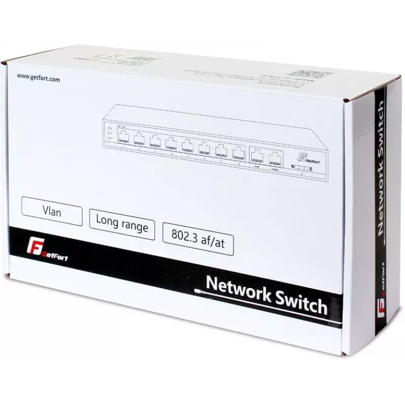 GETFORT GF-210D-8P-120 10 pordiga PoE+ lüliti, 8 Fast Ethernet PoE-porti ja 2 Gigabit üleslingi, 120W eelarve, haldamata, laua-/seinakinnitus