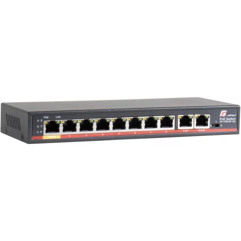 GETFORT GF-110D-8P-120 10 pordiga PoE+ lüliti, 8 PoE-porti ja 2 üleslingiporti, 120W eelarve, haldamata, laua-/seinakinnitus