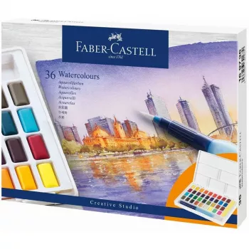 Faber-Castell Creative Studio vesivärvikomplekt, 36 värvi tahvlites pintsli ja käsnaga, segamispalett kaanes, õpilasekvaliteet, läbipaistev, täiendatav, kaasaskantav plastikust karp