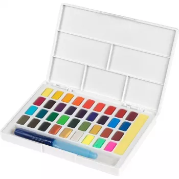 Faber-Castell Creative Studio vesivärvikomplekt, 36 värvi tahvlites pintsli ja käsnaga, segamispalett kaanes, õpilasekvaliteet, läbipaistev, täiendatav, kaasaskantav plastikust karp