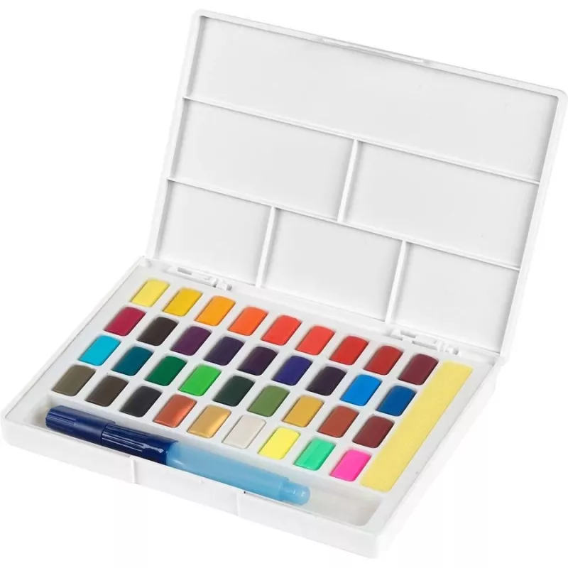 Faber-Castell Creative Studio vesivärvikomplekt, 36 värvi tahvlites pintsli ja käsnaga, segamispalett kaanes, õpilasekvaliteet, läbipaistev, täiendatav, kaasaskantav plastikust karp