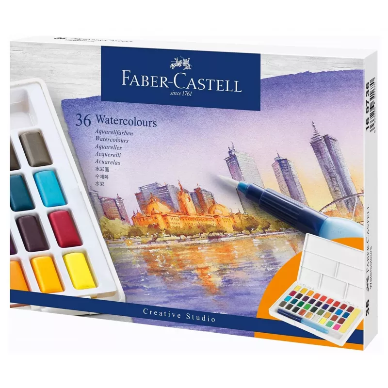 Faber-Castell Creative Studio vesivärvikomplekt, 36 värvi tahvlites pintsli ja käsnaga, segamispalett kaanes, õpilasekvaliteet, läbipaistev, täiendatav, kaasaskantav plastikust karp