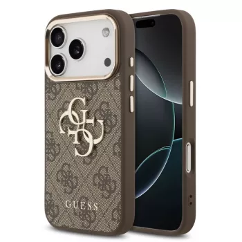 Guess Apple iPhone 17 Pro Max PU-nahast ümbris metalllogoga ja kuldse raamiga, MagSafe ühilduv, pruun