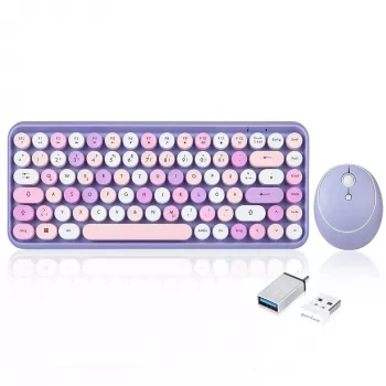 Perixx PERIDUO-713PP DE traadita mini klaviatuuri ja hiire komplekt, retro vintage disain, lilla, saksa paigutus