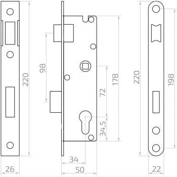 PSG 63.211 L/P ukselukk koos riivi ja lukupoldiga, pööratav, 220 x 22 mm esiplaat, 72 mm PZ, 50 mm tagasiaste, tsingitud teras