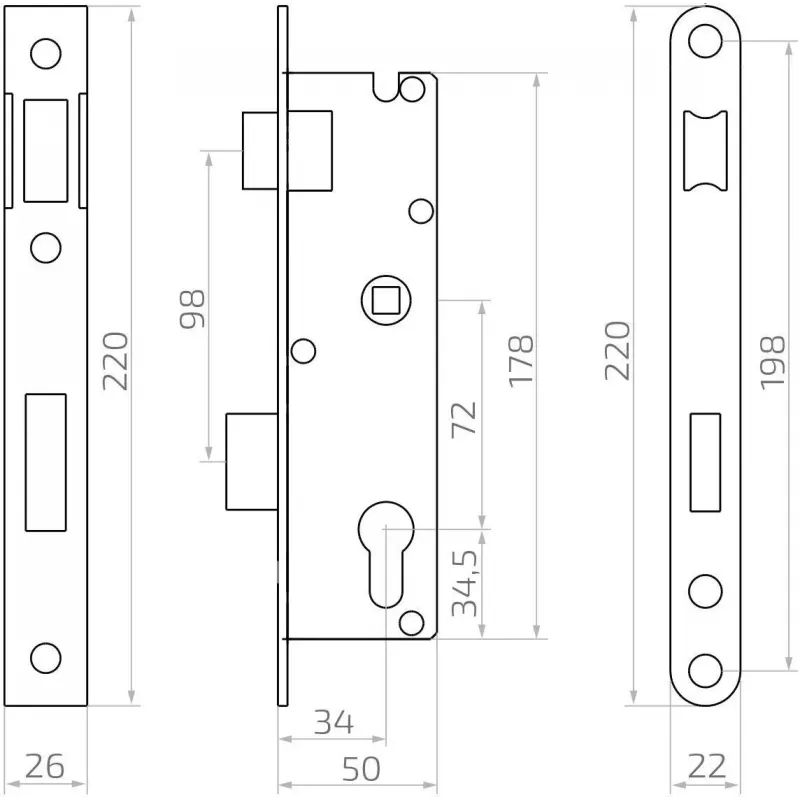 PSG 63.211 L/P ukselukk koos riivi ja lukupoldiga, pööratav, 220 x 22 mm esiplaat, 72 mm PZ, 50 mm tagasiaste, tsingitud teras