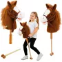 LEAN TOYS Hobuhobune pulga otsas hobusepeaga, galopi ja hirnumise helidega, pruun, 100 cm