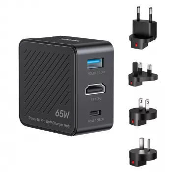 UNITEK P1242ABK01 GaN 3-in-1 reisilaadija ja jaotur 65W koos 4K@60Hz HDMI, USB-A ja USB-C
